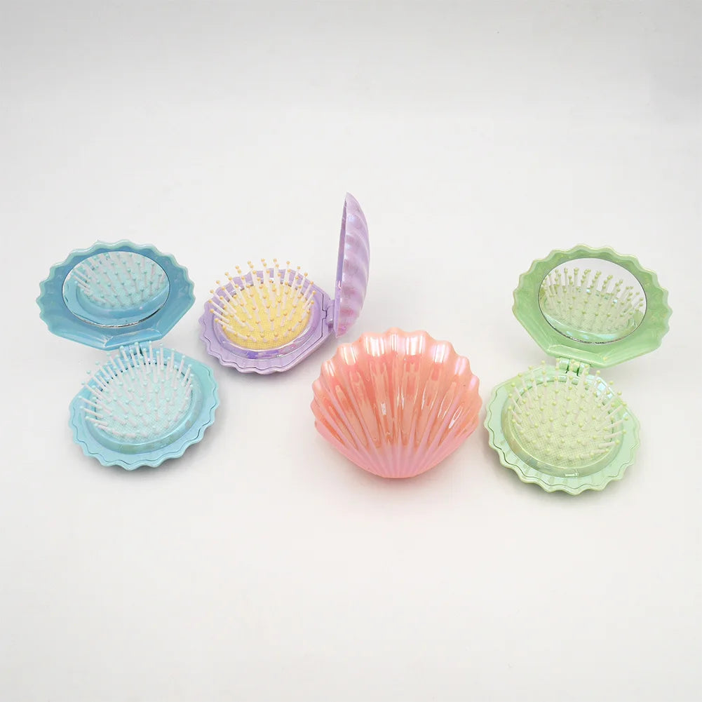 Foldable Shell Shape Comb Travel Hair Brush with Mirror Folding Pocket Hair Brush Portable Mini Hair Comb Hair Styling Tools Qme