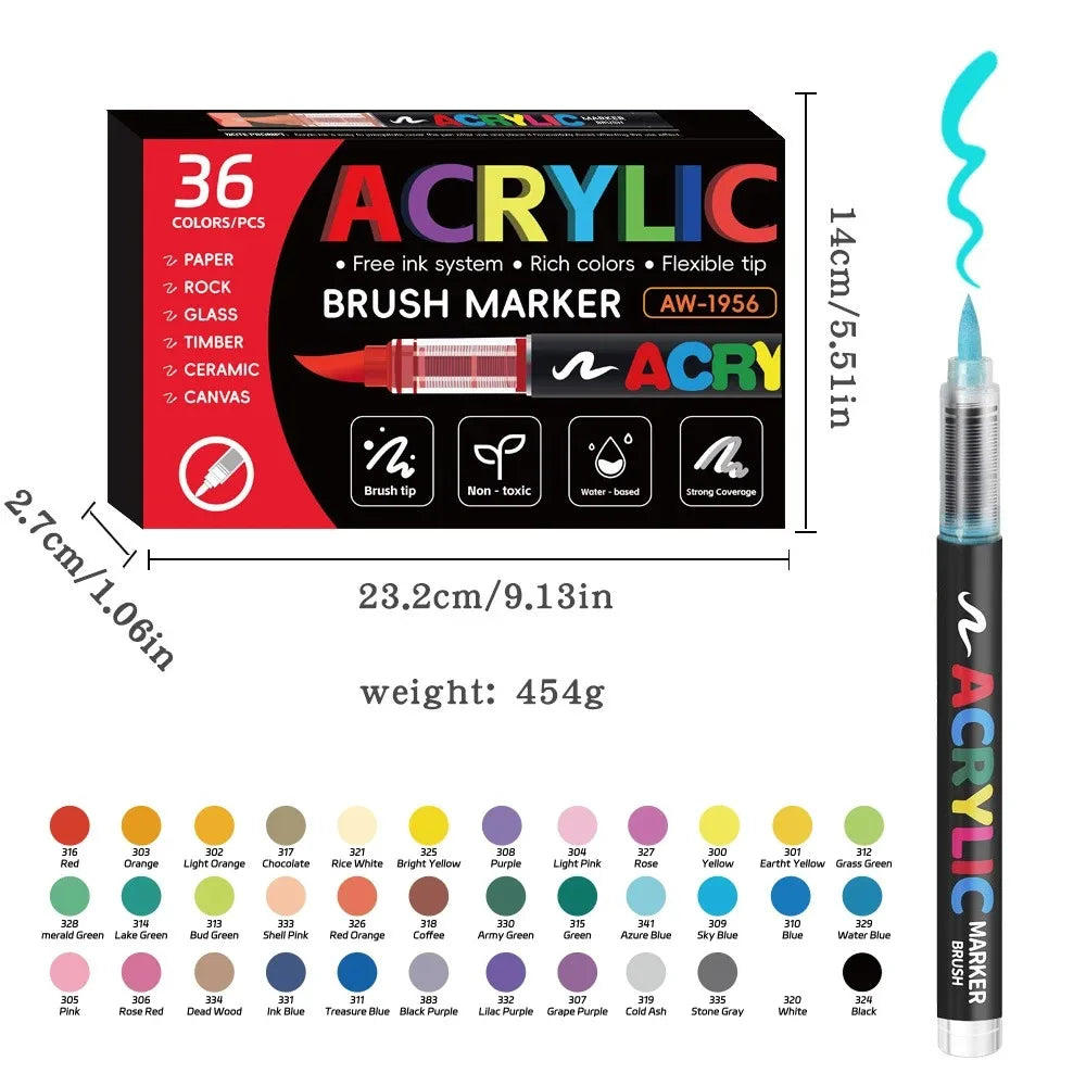12-288 Colors Acrylic Paint Pens Markers Brush Tip Paint Markers for Rock Painting Wood Stone Glass Gift DIY Crafts Qme 36 Colors