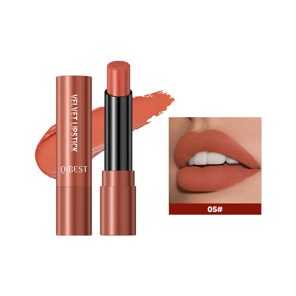 QIBESTNatural Velvet Matte Lipstick Long-lasting 10 Color Lip Stain Lightweight Moisturizing Lip Balm Women Makeup New Lip Tint Qme 05