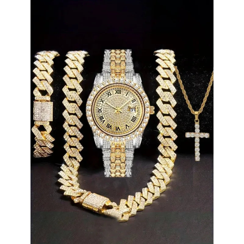 4-in-1 Hip Hop Jewelry Set for Men, Two-tone Iced Out Watch + Cuban Link Chain + Bracelet + Cross Necklace, Gold Silver Tone Qme Multicolor
