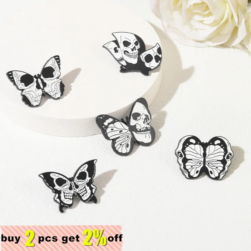 Skeleton Butterfly Enamel Pins Black Skull Gothic Punk Lapel Clothes Badges Brooches Backpack Hat Jewelry Gift for Kid Friends Qme