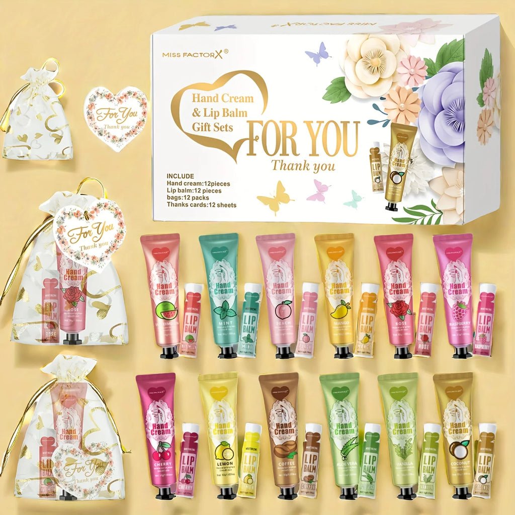12 Hand gift Hand cream and lip balm set Friends Party Gift with love net bag and thank you card Holiday gift Qme