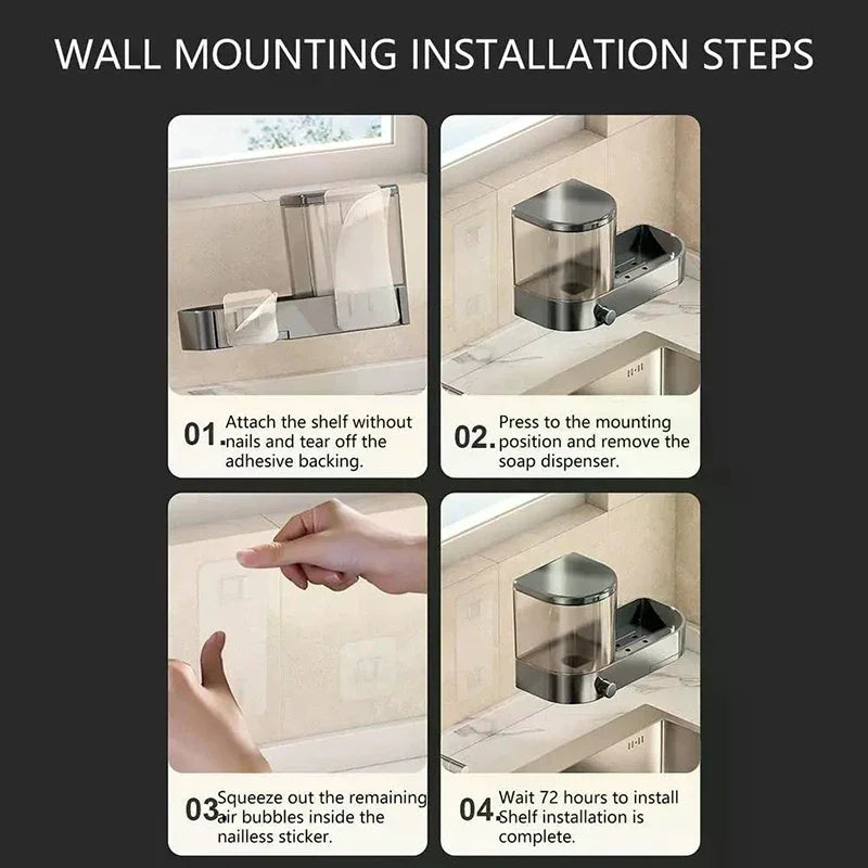 Drain Tray Wall Mounted Soap Dispenser Sponges Holder Hand Press Qme