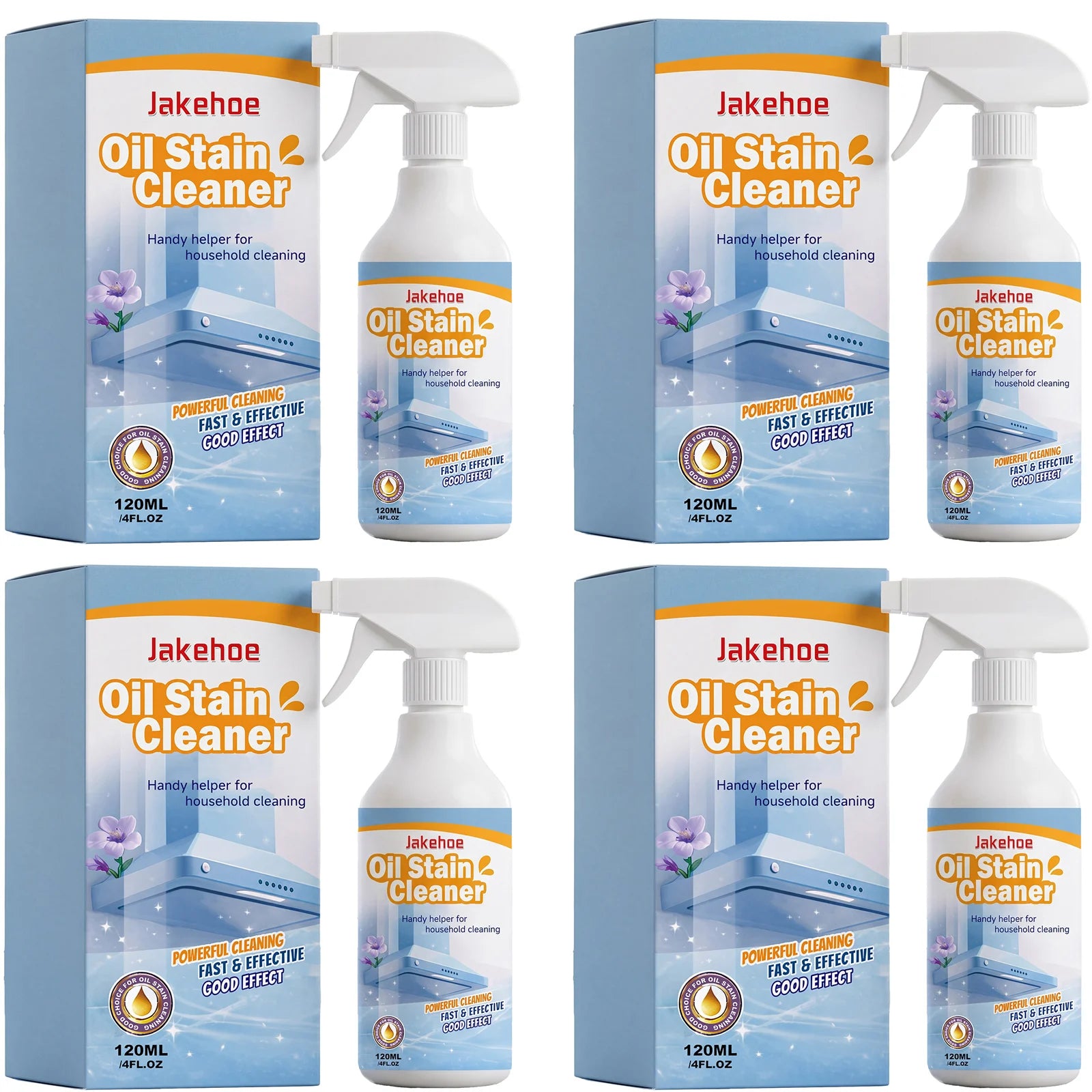 JAKEHOE Oil Stain Cleaner Spray Removing Tough Grease Polishing Restore Luster Fast-Acting Formula Heavy Duty Kitchen Degreaser Qme 4 x 120ml Boxed