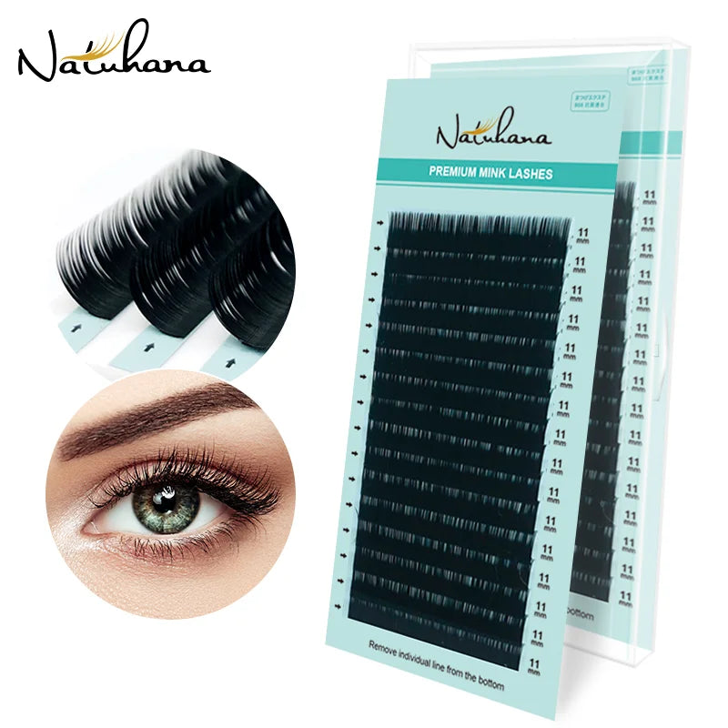 NATUHANA 16 Rows Matte Black Synthetic Mink Eyelash Extension Natural Qme CC 0.05mm 7mm