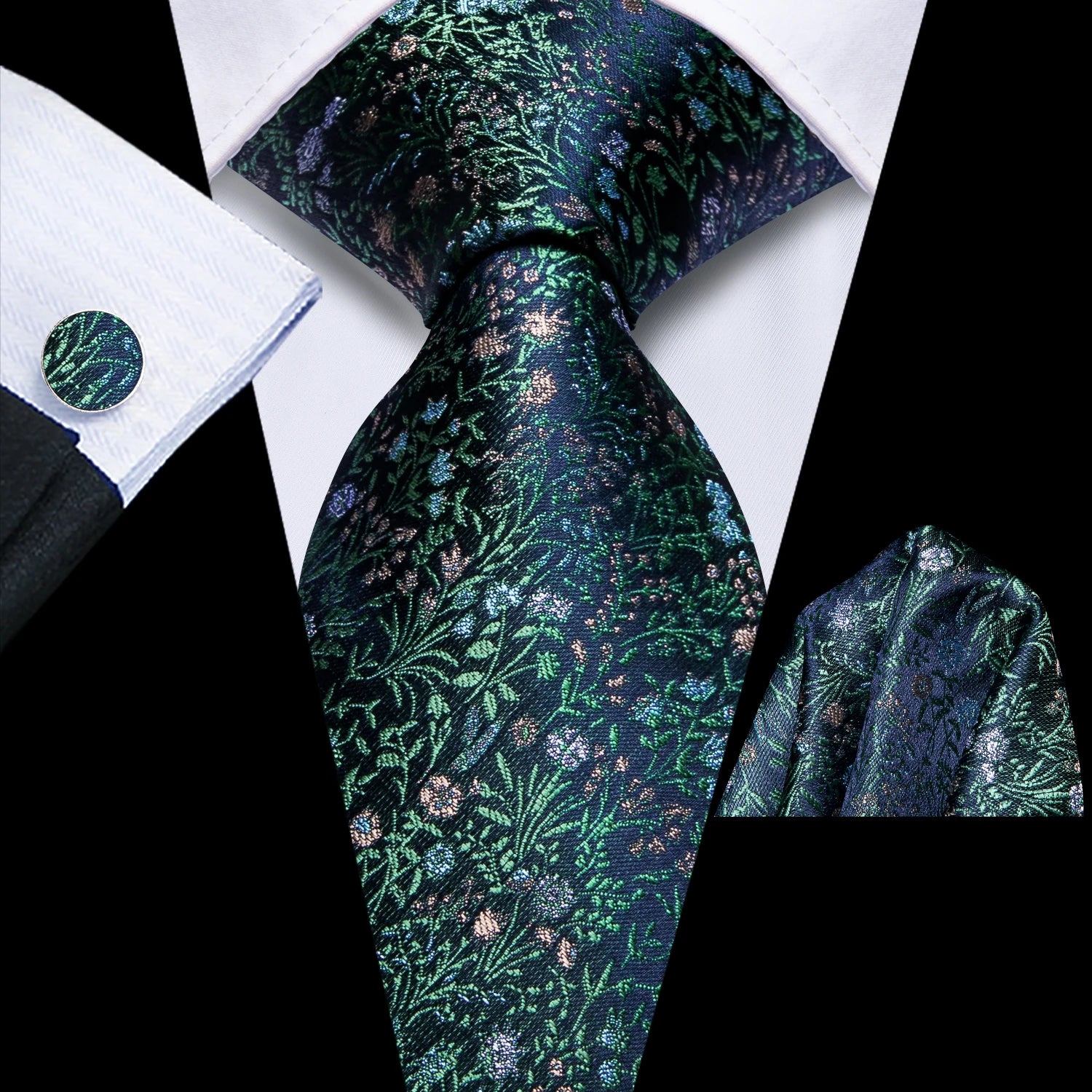 Hi-tie Mens Pink Purple Green Floral Wedding Necktie Handkerchief Qme HT-N-0203
