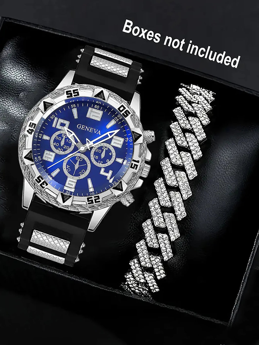Men's Quartz Watch with Cuban Bracelet Silicone Strap for Daily Festive Wear No Box Included Qme 2PCS watch set-YL