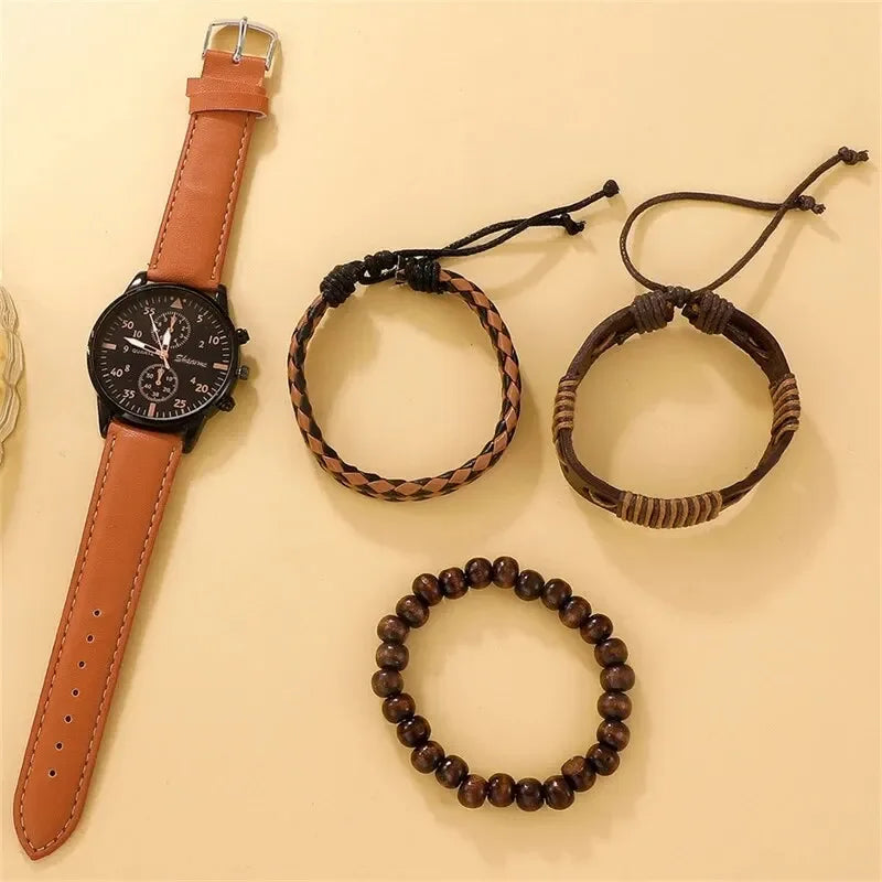 2026 4pcs/5pcs Men's leather strap watch, high-end Hong Kong style fashion watch, business binocular watch set Qme