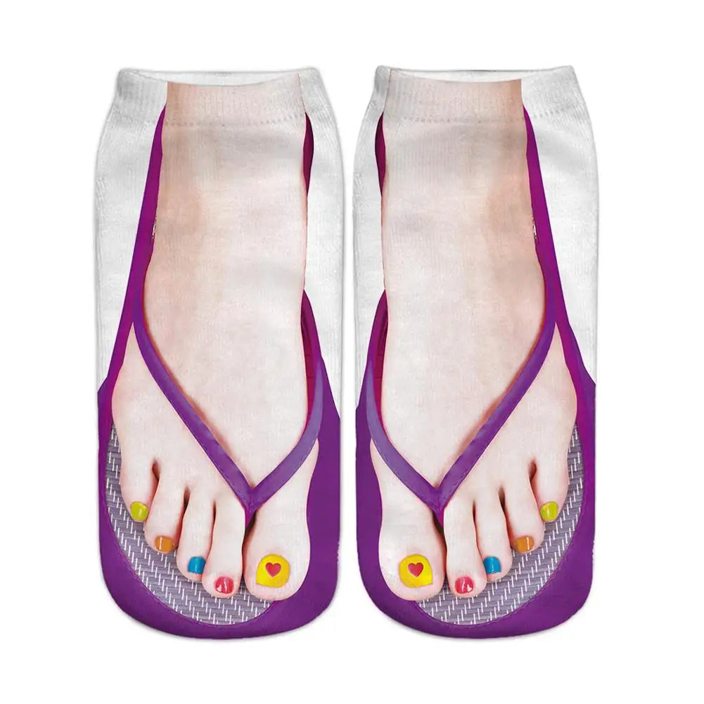 Fashion Canvas Flip Flop Shoes Cotton Socks 3D Printed Skeleton Summer Funny Kawaii Skull Foot Low Cut Ankle Socks For Women Sox Qme A One Size