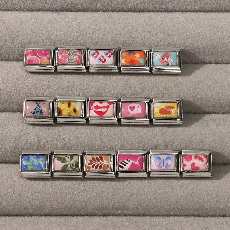 Wholesale Y2K Cartoon Cute Cat Potted Plant Scenery Italian Charm Links Fit 9mm Stainless Steel Bracelet DIY Making Jewelry Gift Qme