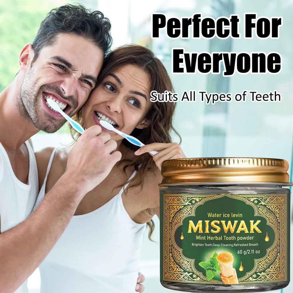 MISWAK Mint Herbal Tooth Powder, Deep Cleaning & Brightening with Charcoal & Hyaluronic Acid for Fresh Breath Qme