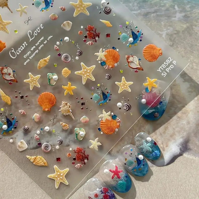 Relief Shell Starfish Nail Stickers Cute Decorative Nails DIY 3D Self Qme