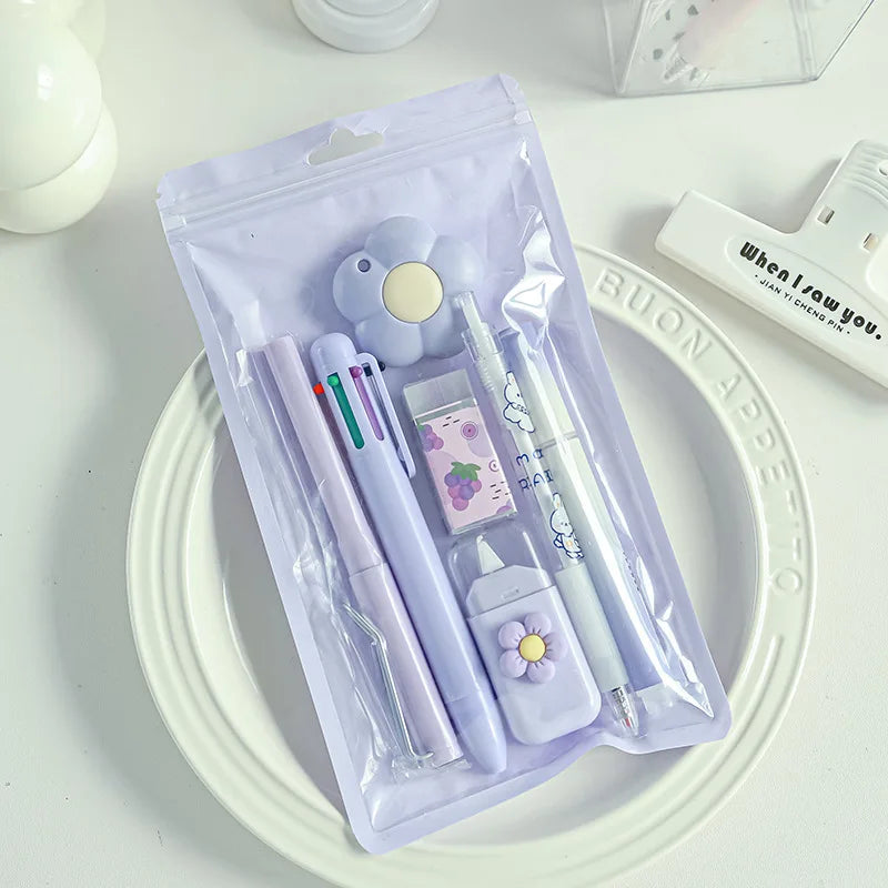 7PCS Cream Color Cute Stationery Set for School, Christmas Student Gift, Kawaii Writing Supplies with Notebook Pen Qme