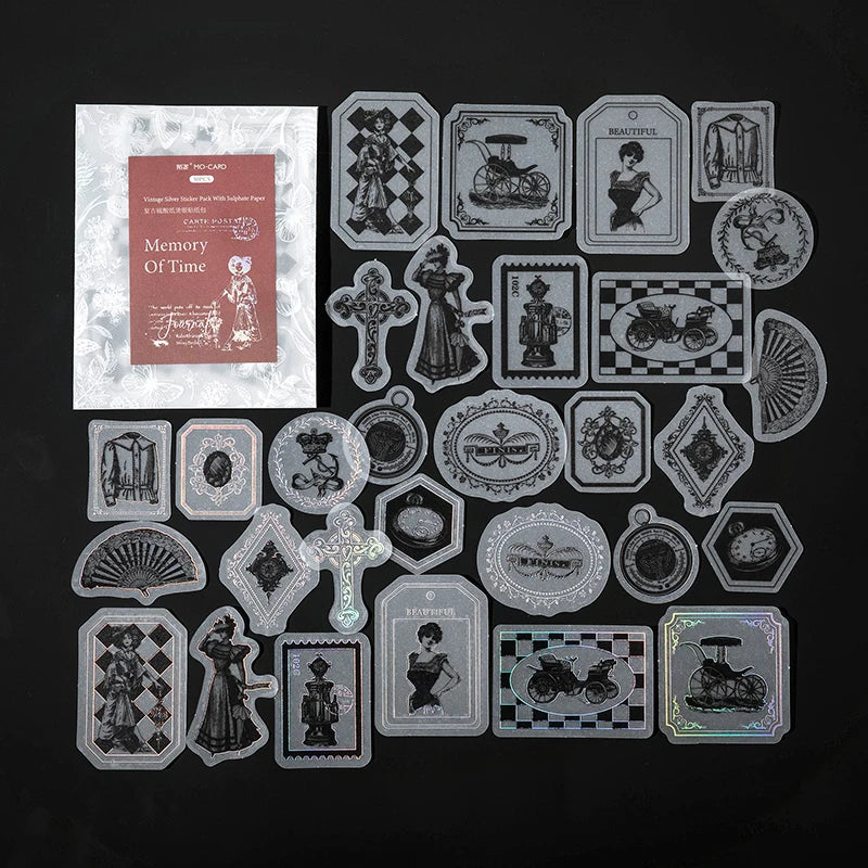 30pcs/pack Vintage Silvery Stickers for Junk Journal DIY Scrapbooking Collage Album Creative Stationery Craft Sticker Qme B