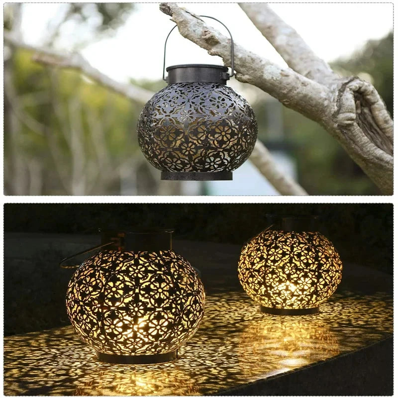 Solar LED Lantern Light, Outdoor Hanging Projection Light with Hollow Wrought Iron Design Waterproof Yard Garden Art Decoration Qme