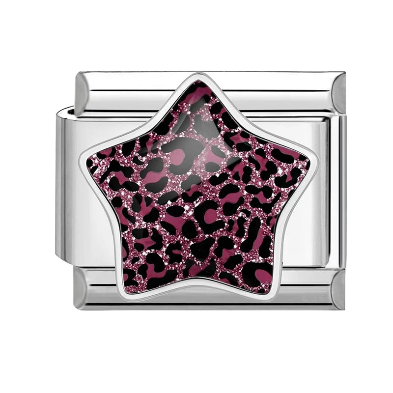 3D Inlay Stars Cute Zebra Stripe Stars Pink Blue Leopard Print Italian Charm Links Fit 9mm Stainless Steel Bracelet DIY Making Qme Style 17