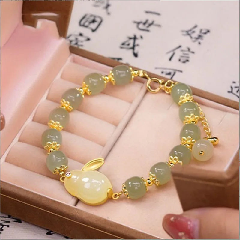 Fu Character Lucky Hetian Jade Hare Stars Antique Bracelet Creative Cute Female Temperamental Fashion Gifts Femme Qme Green Jade Rabbit
