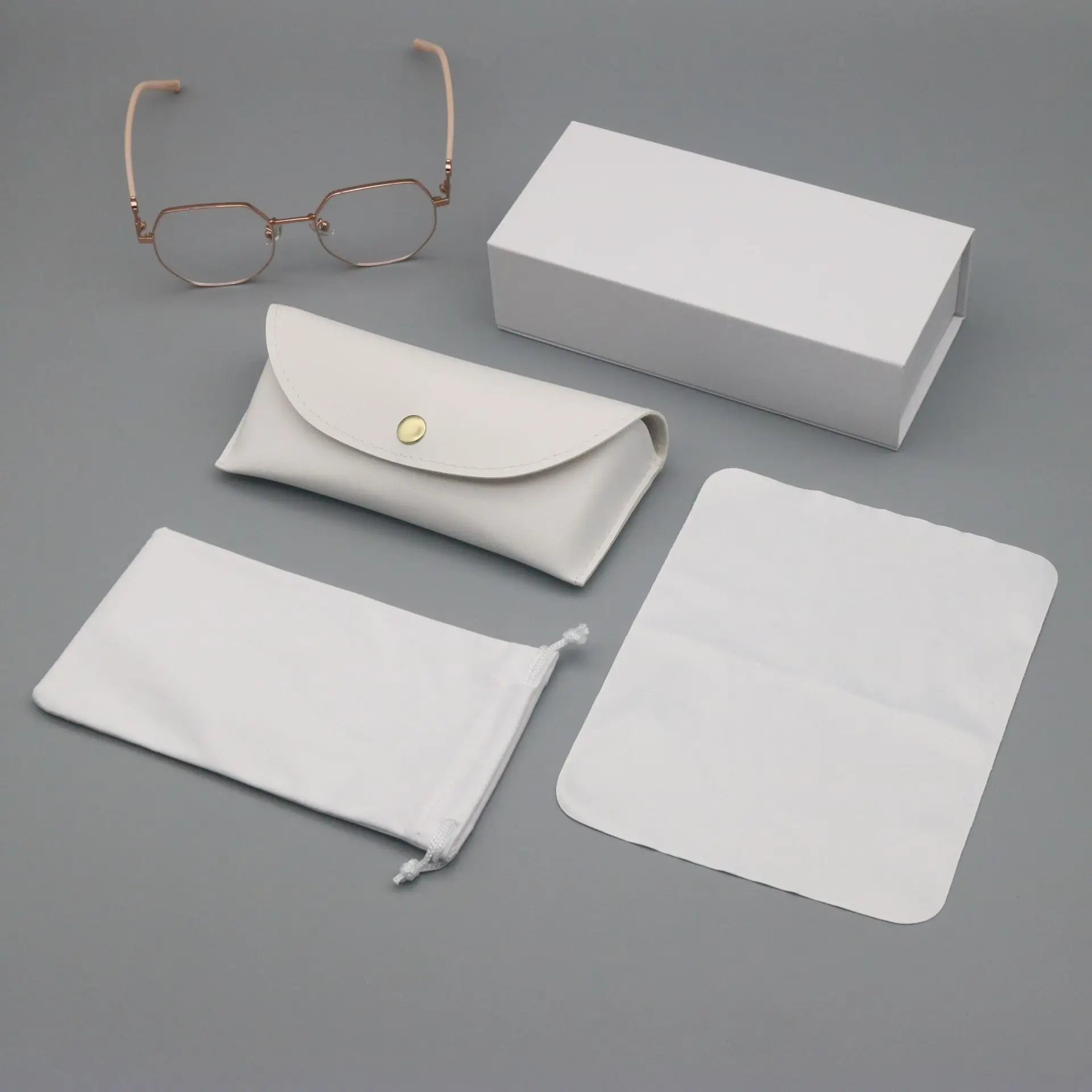 4 pcs Set High-Quality White Eyeglass Case Handmade Faux Leather Large Capacity Storage Luxurious Premium Feel Eyeglass Box Qme Snap Closure Leather