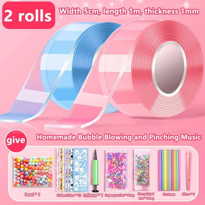 Kids Gifts PET Nano Glue DIY Blow Bubble Double Sided Tape Sticky Qme A8