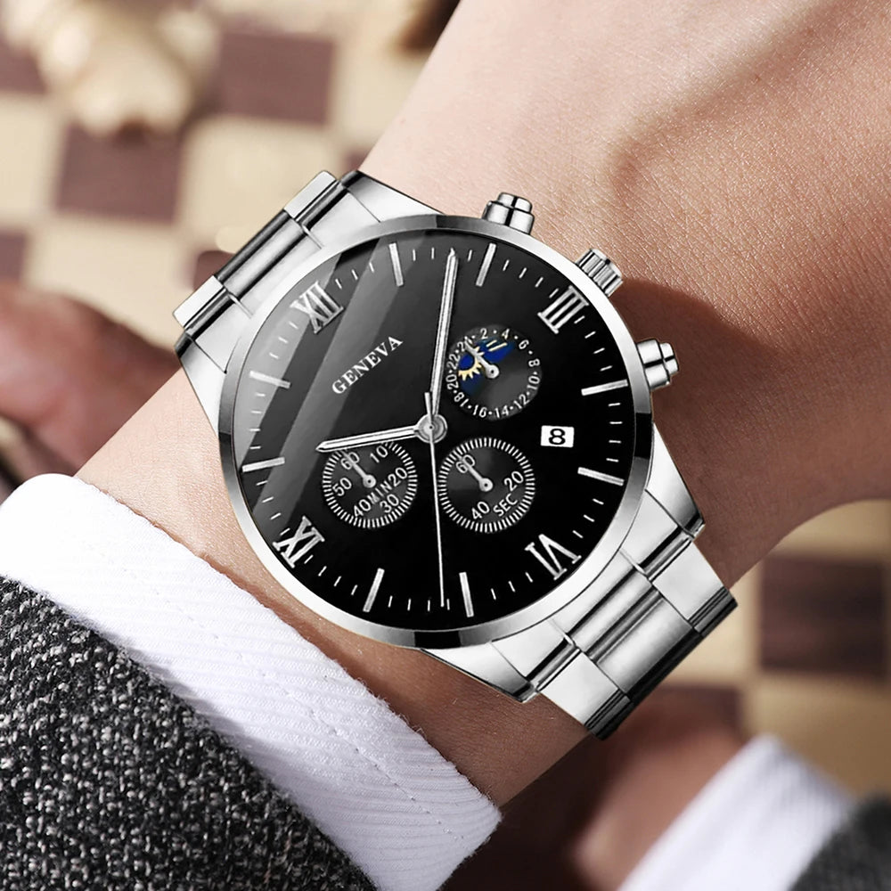 4PCS Men's Watch Set Fashion Trend Business Quartz Watch Cross Pendant Necklace Ring Bracelet Jewelry Set Perfect Gift for Him Qme
