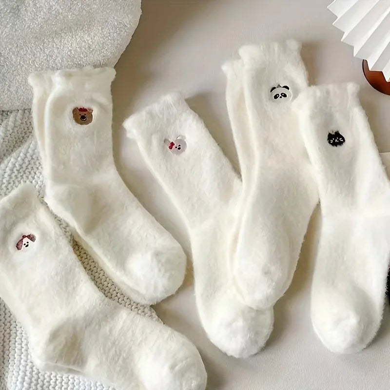 Women's Socks, Cute Animal Embroidered Plush Socks, Winter Warm Faux Mink Cashmere Cozy Sleep Floor Socks Qme