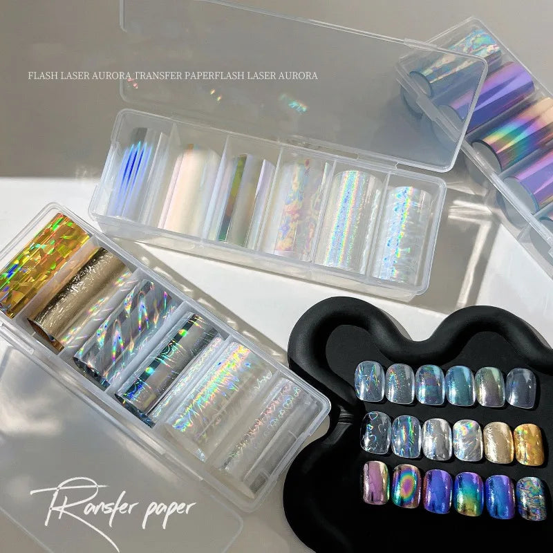6 Rolls Holographic Aurora Nail Transfer Paper, Laser Iridescent Water Decals, Galaxy Cave Stickers for Nail Art DIY Manicure Qme