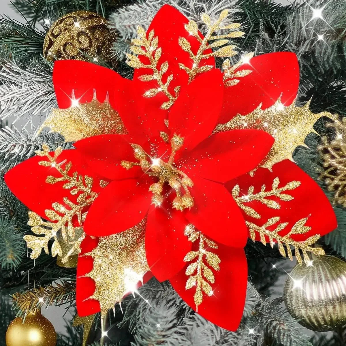 10/1Pc Christmas Glitter Artificial Flowers DIY Christmas Tree Hanging Ornaments Fake Flower For Xmas New Year Party Decor Gifts Qme