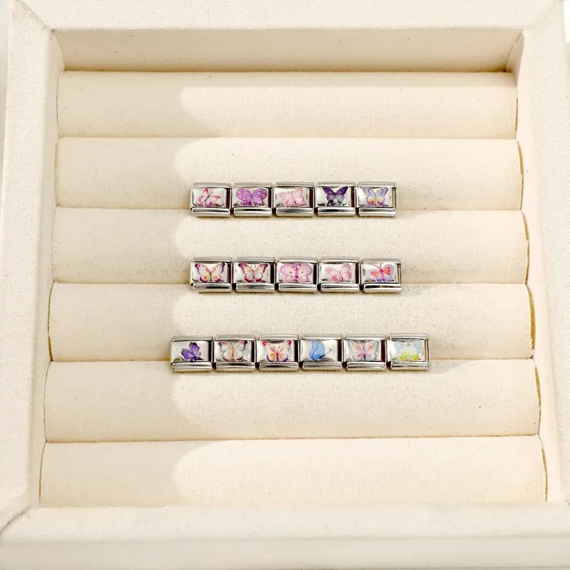 New Y2K Attractive Purple Butterfly Colorful Flower Italian Charm Link fit 9mm Stainless Steel Jewelry DIY Making Bracelets Gift Qme