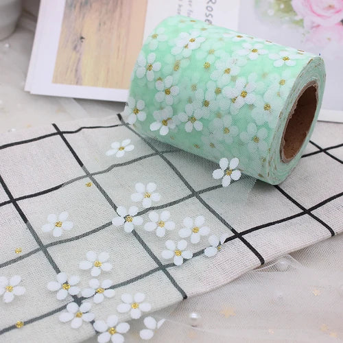 6cm 5Yards Floret Tulle Daisy Ribbon Roll DIY Craft Ribbons for Gift Bow Packaging Cherry Blossoms Printed Mesh Fabric Supplies Qme Green ribbons 5 yards (4.5m)