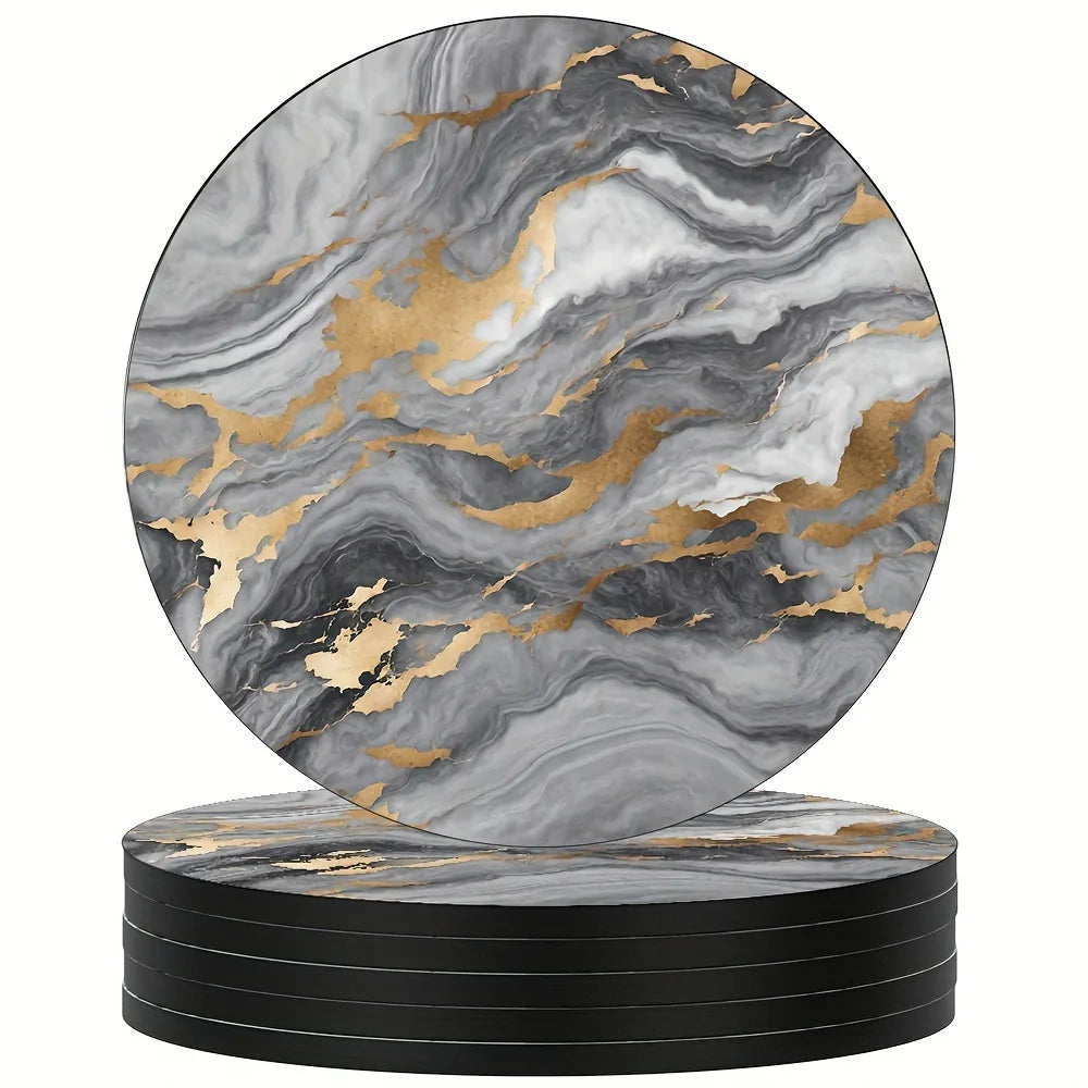 Marble Veining Wooden Drink Coasters Round Absorbent Funny Cold Qme Wooden Gray 6Pcs
