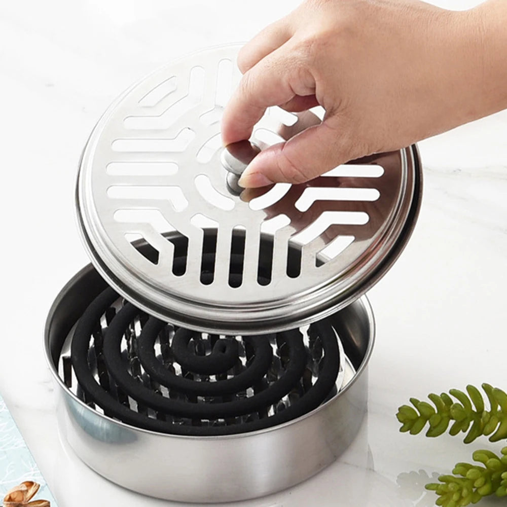 Stainless Steel Mosquito Coils Holder round Tray with Cover Easy to Clean Anti-Mosquito Supplies for Outdoor Picnic Travel Qme