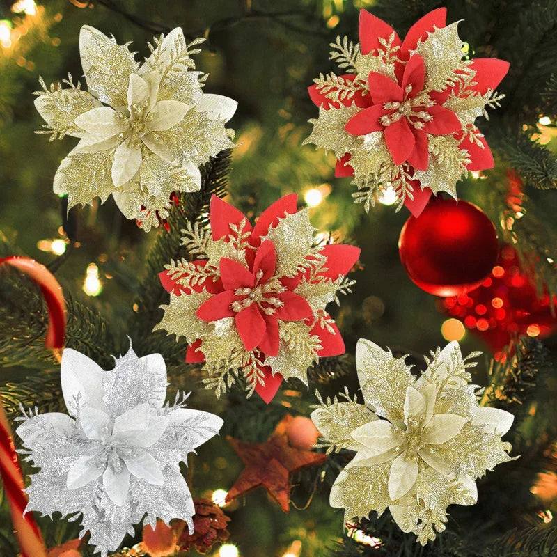 5PCS Glitter Poinsettia Artificial Xmas Flowers Ornaments for Christmas Tree Decorations Fake Flowers Head Christmas Decoration Qme