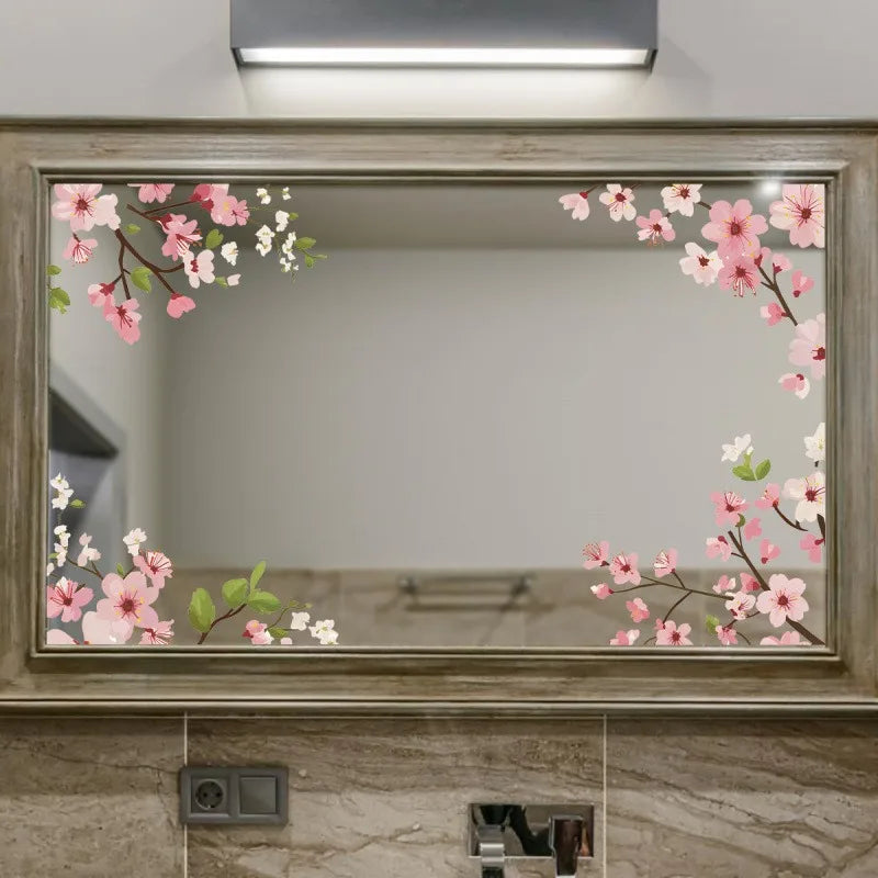 Pink Peach Blossom Mirror Wall Sticker Self Adhesive PVC Decal Glass Qme