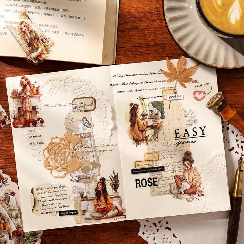Vintage Pastoral Girl Sticker Pack, Relaxing Healing Aesthetic, Must-Have for Collage Artists, Perfect for Gifting Collecting Qme
