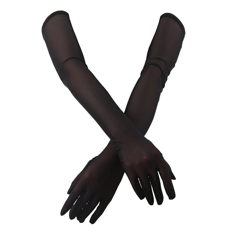Elastic Transparent Sunscreen Sexy Driving Gloves Women Ultra Thin Qme black length 55cm
