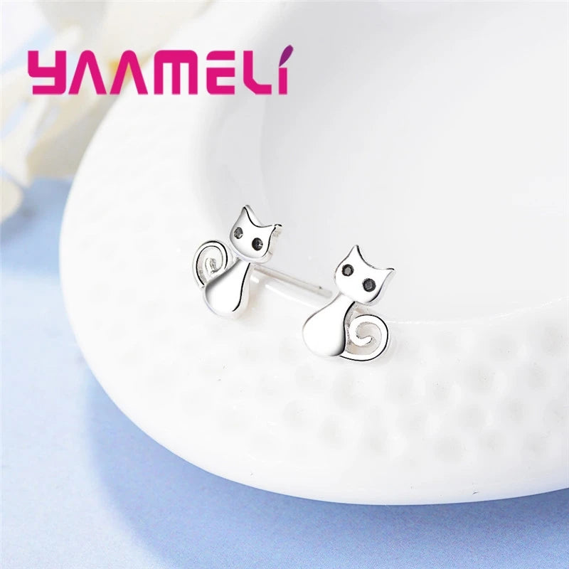 Cute Lovely Stud Earrings For Women Smart Cat Shape Jewelry Shiny Black Cubic Zirconia Top Quality 925 Sterling Silver Color Qme