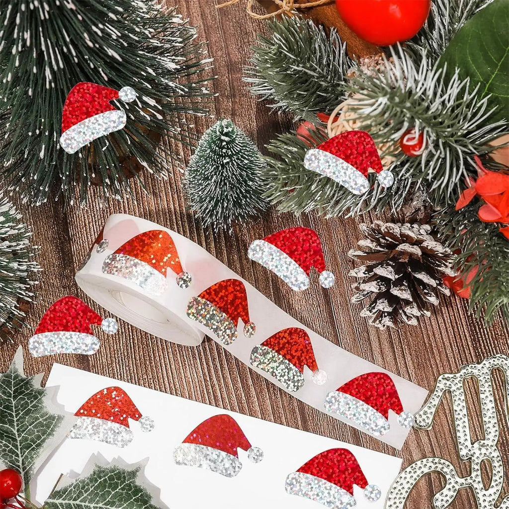 Santa Hat Stickers Roll 500 Pieces Christmas Decor Stickers Scrapbook Decals for Holiday Home Gathering Party School Kids Adults Qme