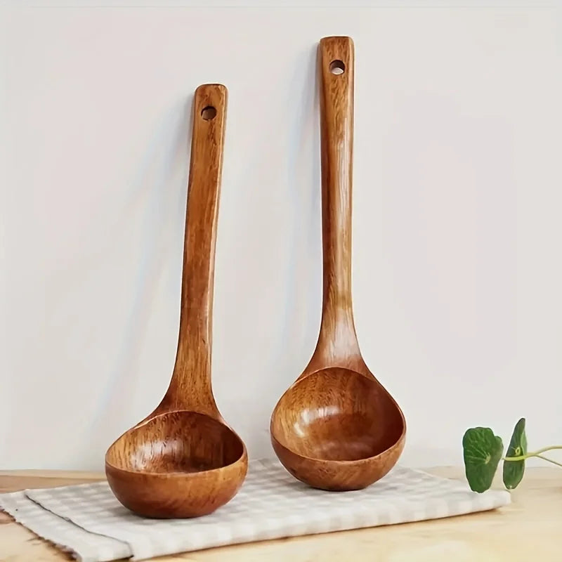 Solid Wood Soup Spoon Long Handle Cooking Ladle Non-scratch Kitchen Utensil Heat Resistant Wooden Serving Spoon for Hot Pot Qme