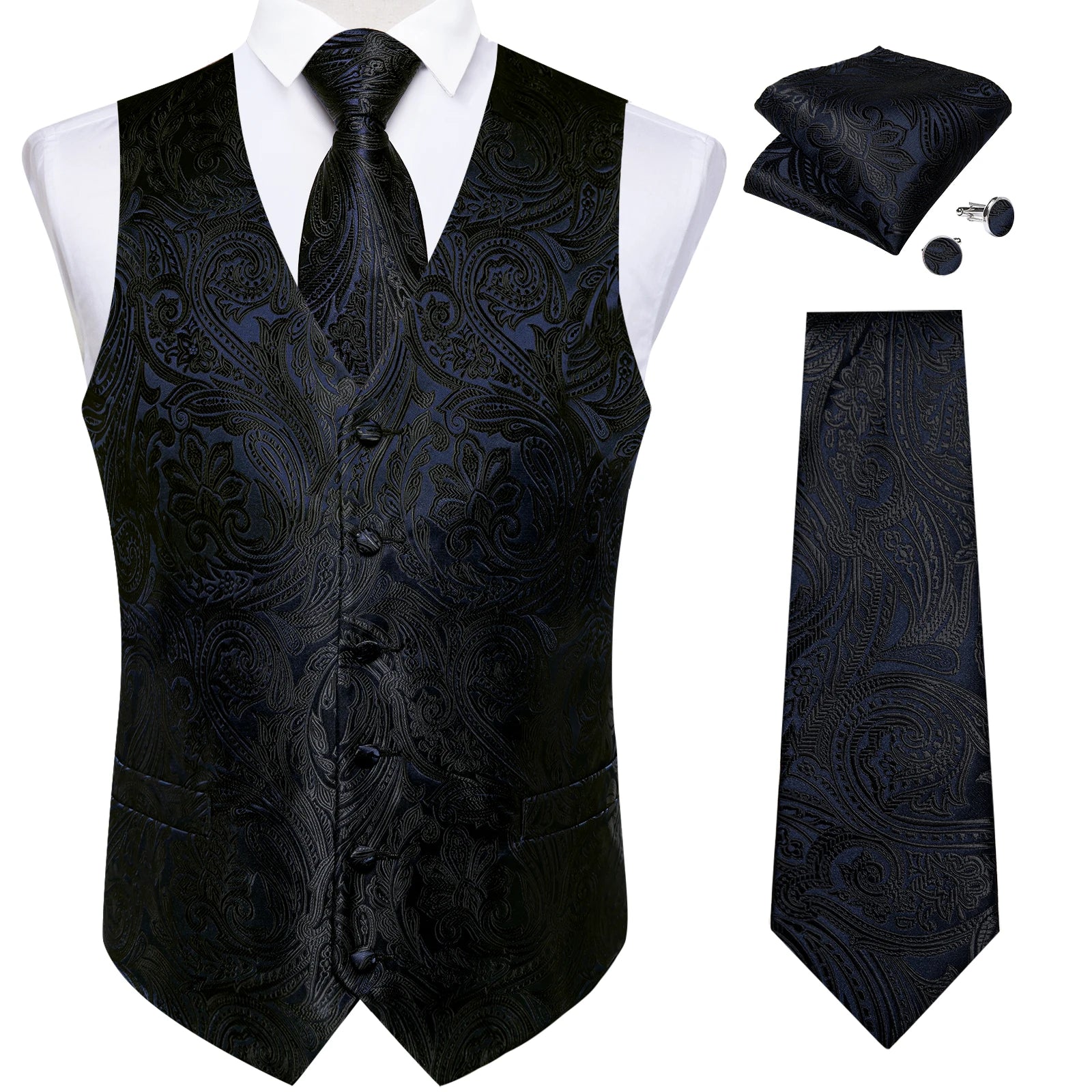Men's Formal Suit Vest & Tie Set – Waistcoat with Necktie Pocket Square, Perfect for Weddings and Business Events Qme MJTZ0144 L