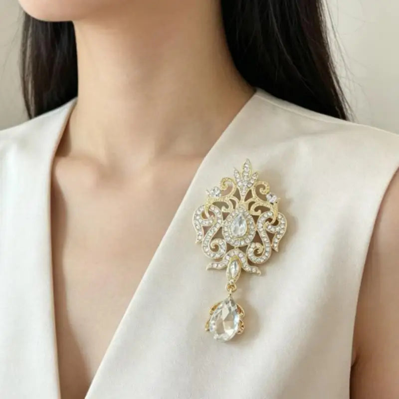 Vintage Gold Silver Color Crystal Brooches For Wedding Women Party Dress Rhinestone Bridal Bouquet Water Drop Brooch Pins Qme
