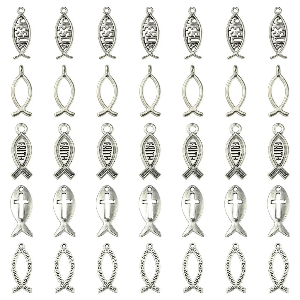 Pandahall 100Pcs 5 Styles Easter Theme Tibetan Jesus Fish Charms Antique Silver Color Christ Fish Pendants for Jewelry Making Qme Default Title