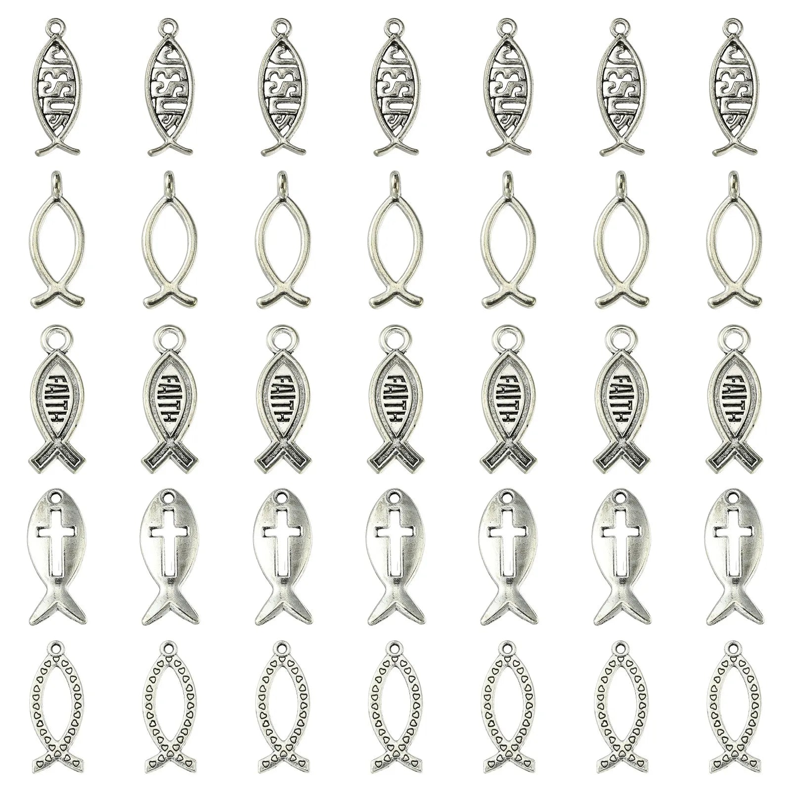 Pandahall 100Pcs 5 Styles Easter Theme Tibetan Jesus Fish Charms Antique Silver Color Christ Fish Pendants for Jewelry Making Qme Default Title