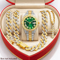 4pcs Foreign Trade Hot selling Men's Diamond Hip Hop Four Piece Set (Watch/Cuban Chain Bracelet/Necklace/Pendant) Qme green