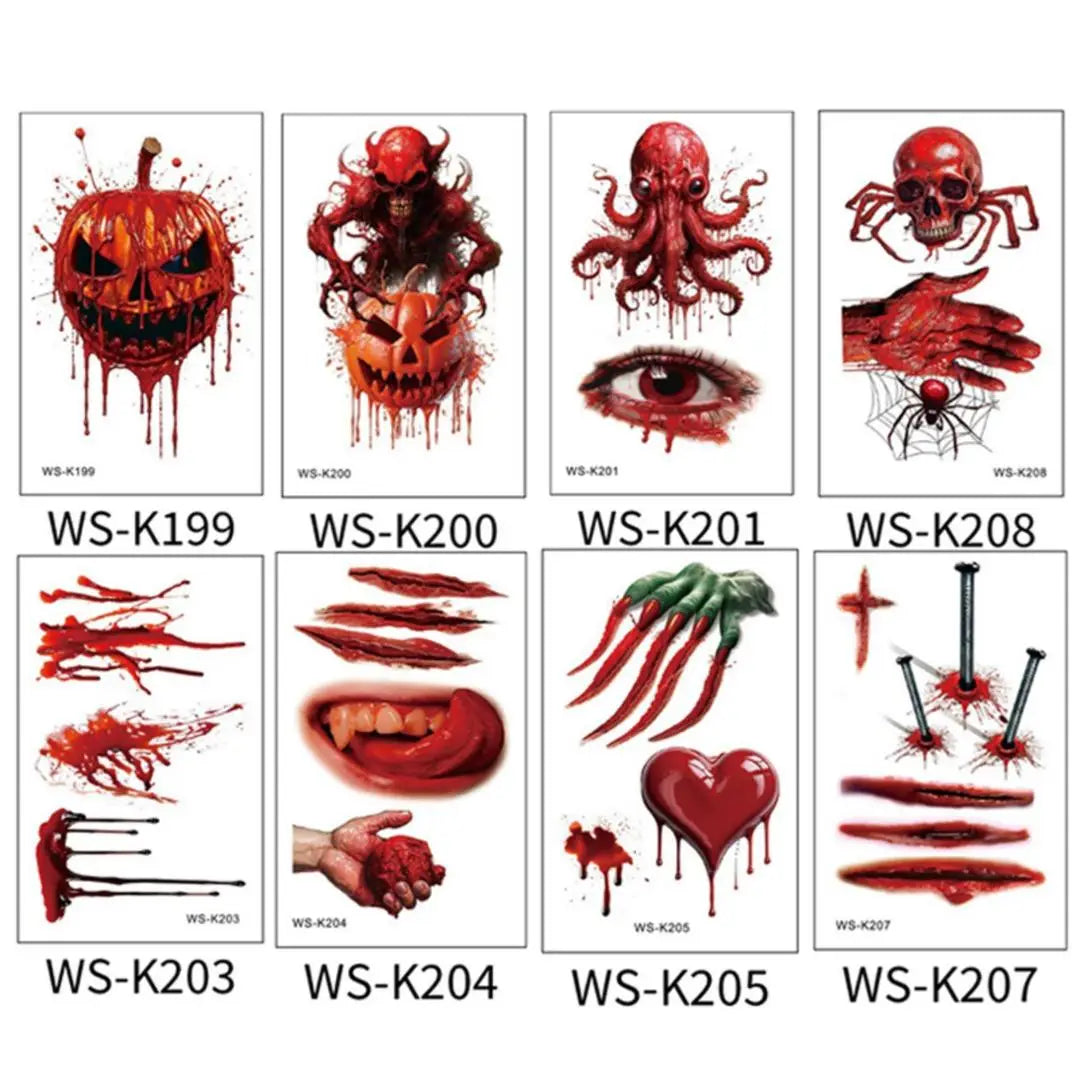 A 10pcs Waterproof Halloween Tattoo Stickers Bleeding Wound Scar Temporary Tattoos for Women Men Fake Tattoo For Halloween Party Qme 8pcs WS-K199K208