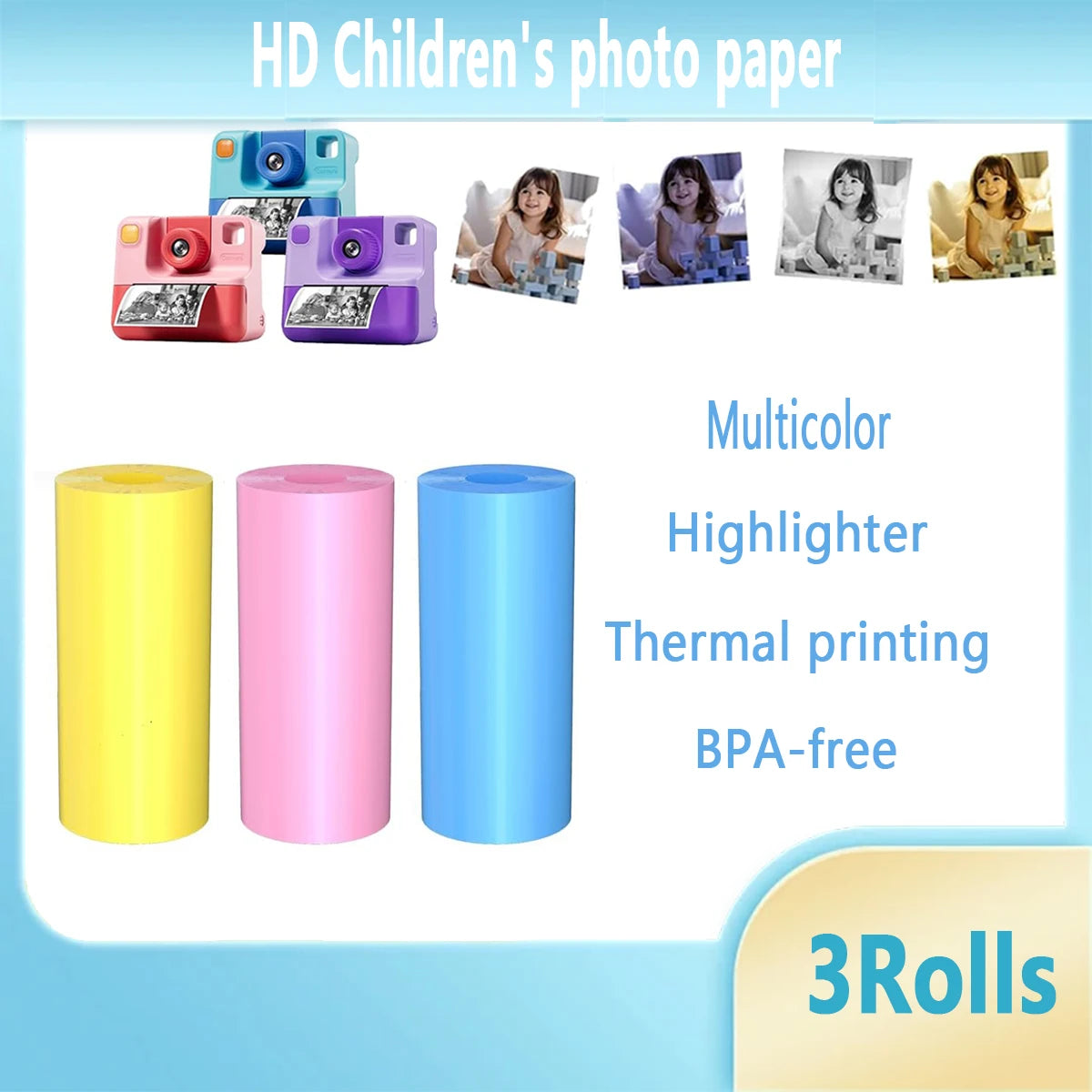 Kids Camera Paper Roll, Kids Instant Refill Paper, 4 Color Portable Thermal Printing Camera Photo Paper Rolls 57*25mm Qme M-Y1-P1-B1-57-25