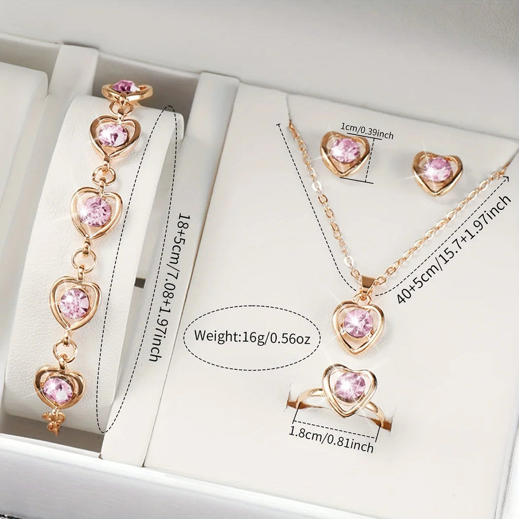 6PCS/Set Fashion Women's Quartz Watch Leather Band Analog Wrist Watches Heart Rhinestone Jewelry Set(Without Box) Qme