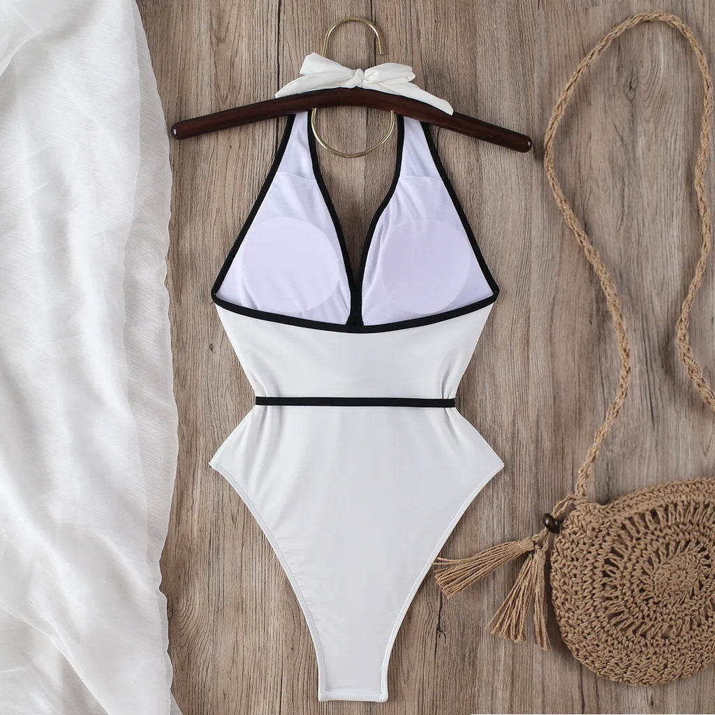 Floral One Piece Swimsuit 2025 New Halter Bandage Swimwear Women Swimsuit Bathing Suit Beachwear Monokini Female Swimming Suits Qme