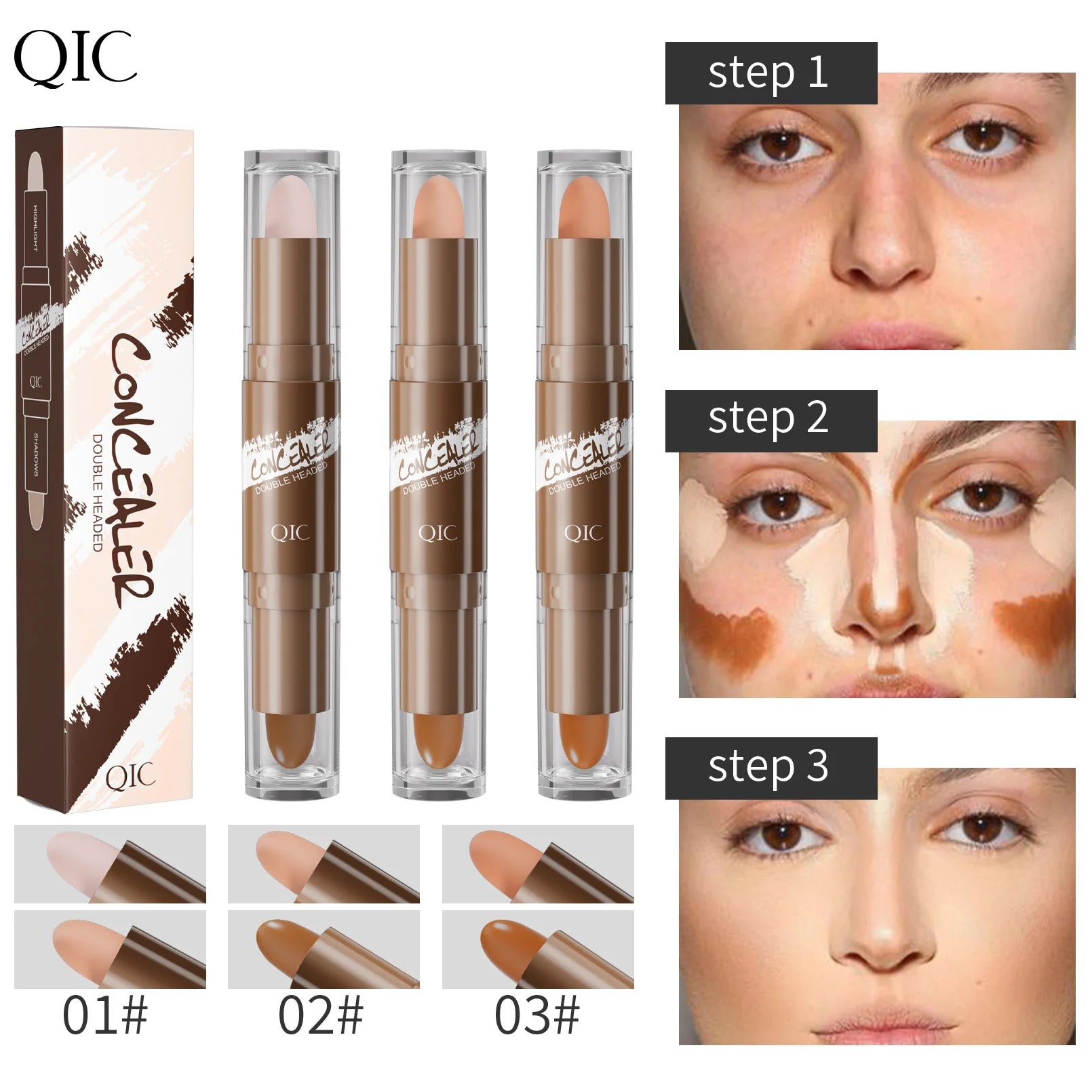 Double-ended dual-purpose high-light trimming stick, three-dimensional contour, nose shadow, facial shape, brighten and trimming Qme