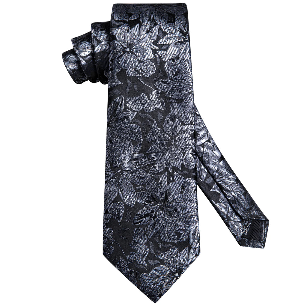 Hi-tie Fashion Black Grey Floral Mens Elegant Tie Handkerchief Qme