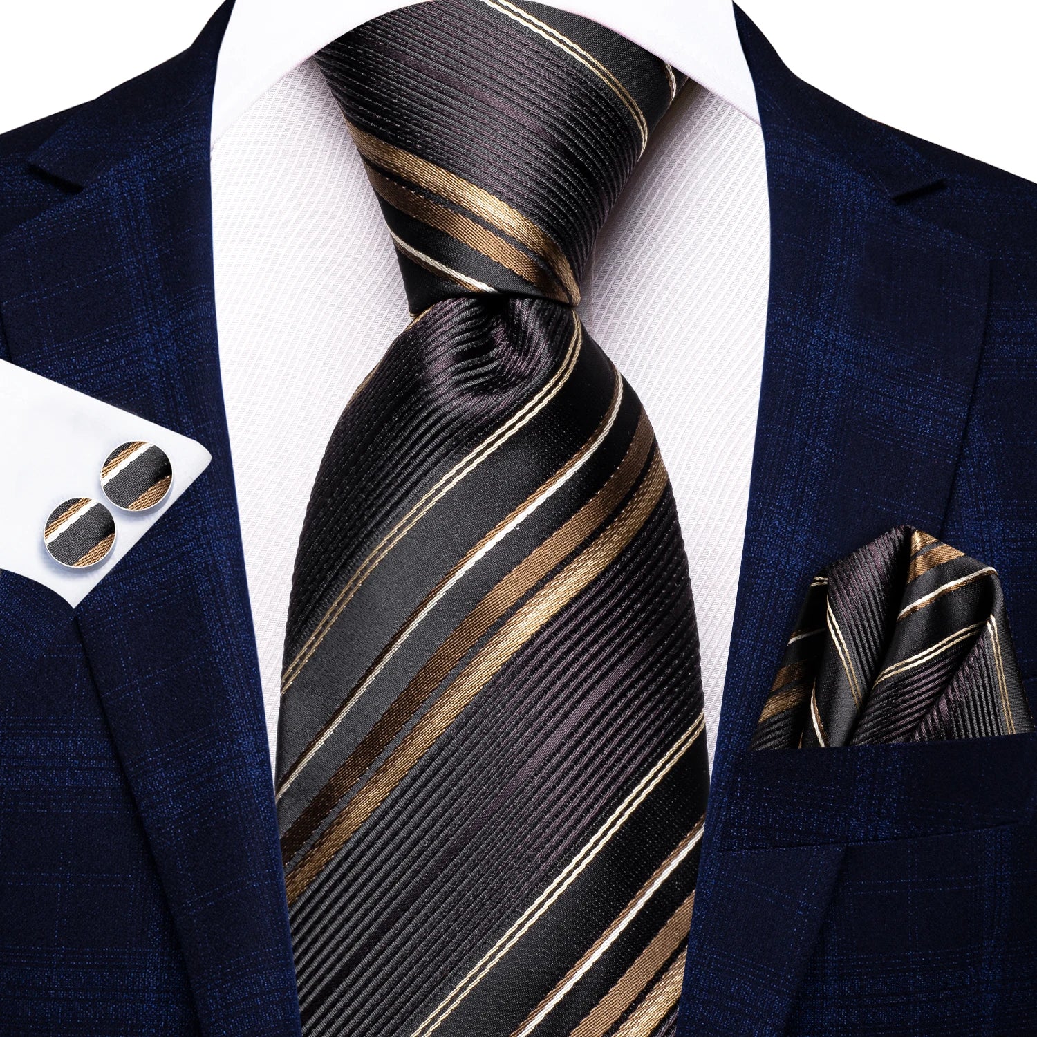 Black Green Striped Ties Men Wedding Accessories Mens Necktie Pocket Qme N-3768